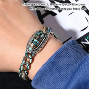 Turquoise Six-character Mantra Nine-eyed Dzi Bead Bracelet