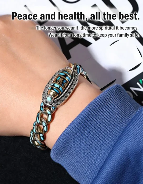 Turquoise Six-character Mantra Nine-eyed Dzi Bead Bracelet