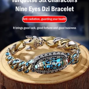 Turquoise Six-character Mantra Nine-eyed Dzi Bead Bracelet