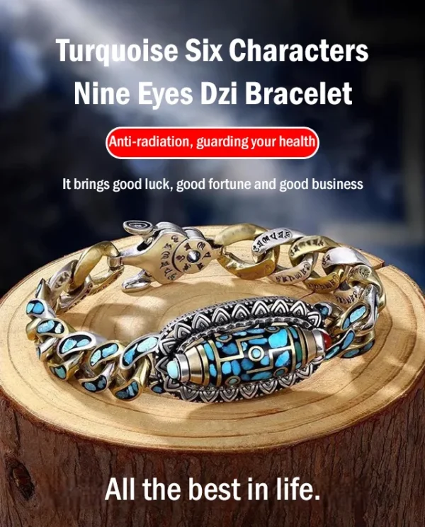 Turquoise Six-character Mantra Nine-eyed Dzi Bead Bracelet