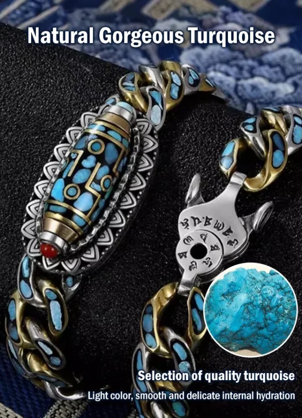 Turquoise Six-character Mantra Nine-eyed Dzi Bead Bracelet